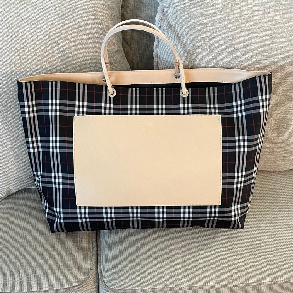 Plaid Burberry Tote Bag with Cream Accents